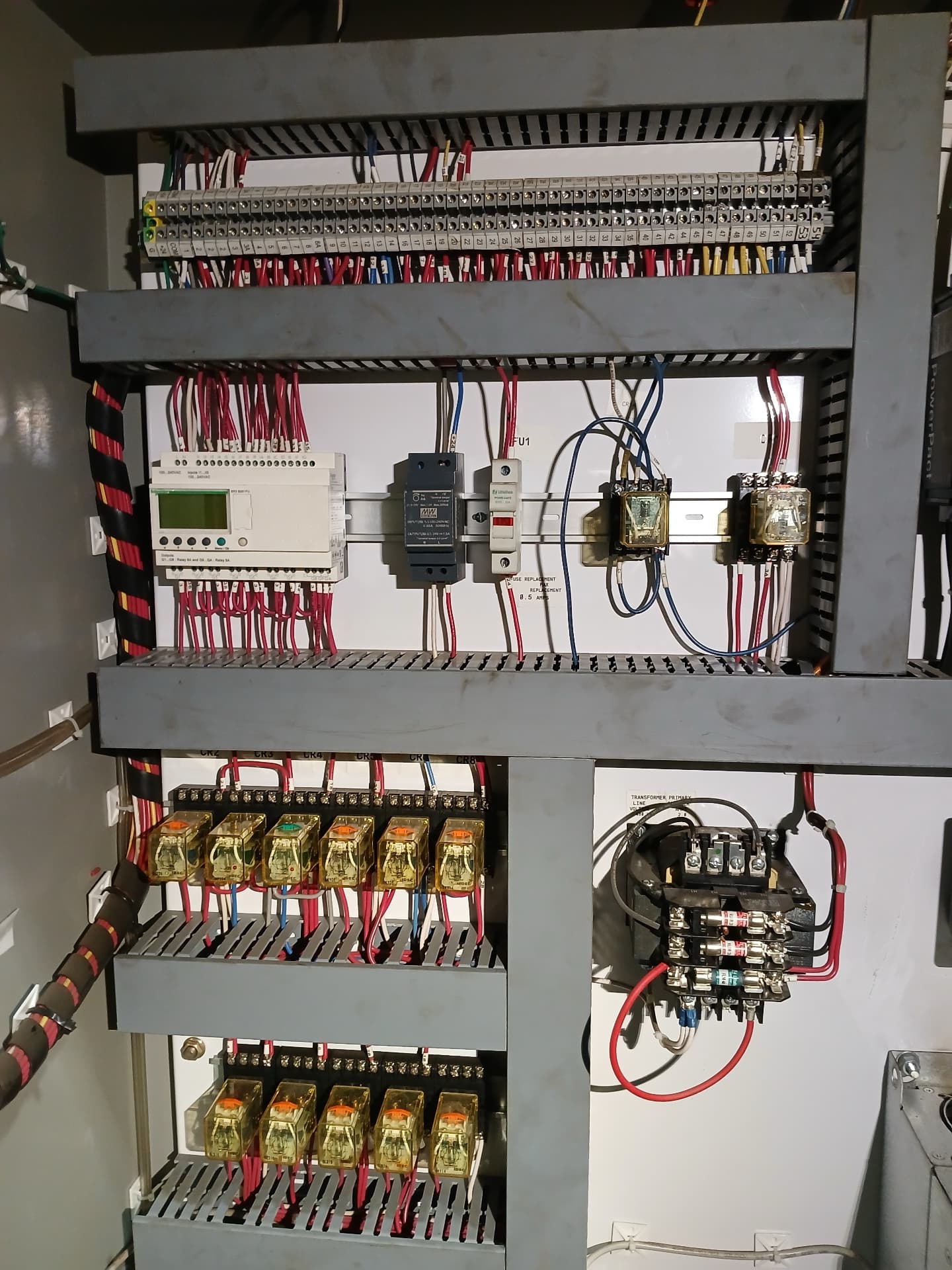 Control panel interior with PLC, relays, and terminal blocks